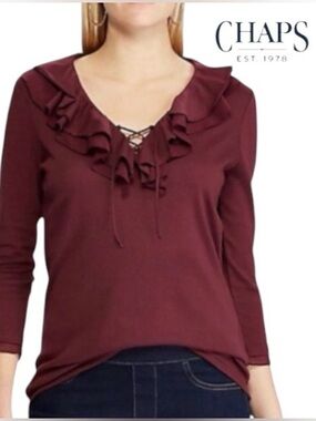 2X CHAPS Ruffled Lace-Up Cotton Blend Jersey Top